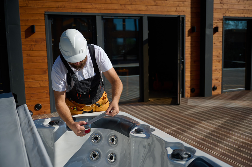 Patio Plumbing Worker Fixing Hot tub